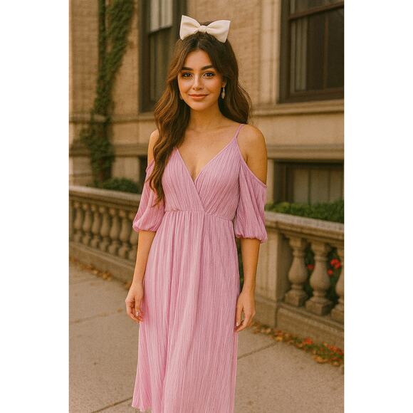 NWT ASOS Pleated V-Neck Cold Shoulder Midi Dress 10 Pink Coquette Event Cocktail - Picture 1 of 7